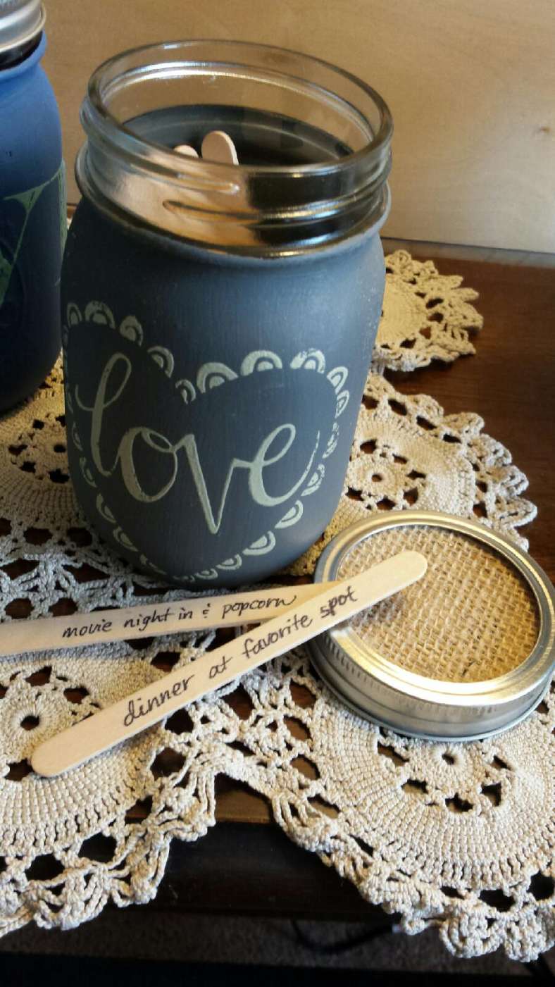 love mason jar with sticks and lid